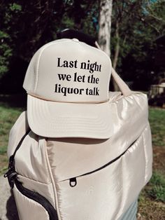 Our Trucker Hat is a letter print stylish design take on a vintage design. It is 7-position adjustable snap closure and iconic flat bill add a subtle charm that takes you back to the good all days. The summer hat is printed with "Last Night We Let The Liquor Talk Trucker Hat" on the front side. Our Snapback Trucker Hat is made of high-quality material, with a structured and high-profile silhouette. The snapback hat is durable and easy to carry. The hat cap is an excellent fit and can be put in h Profile Silhouette, Brunch Dress, Shoes For Leggings, Summer Hat, Swimsuit Cover Ups, Sneaker Heels, Swimsuit Cover, A Letter, Summer Hats