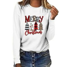 Babysbule Christmas Tops for Women MERRY CHRISTMAS Printed Women Casual Long Sleeve Round Neck Sweatshirt Pullover Blouse Features: 1.It is made of materials,durable enought for your daily wearing. 2.Very cool to wear , very new to appearance. 3.Comfortable and pleasant, can wear personality at home or at work. 4.This lightweight, tops is perfect for those Comfortable days! 5.Keep improving in order to make your clothes more comfortable. Product Description: Product information: Season:Four Seas Winter Holiday Long Sleeve T-shirt, White Christmas Letter Print Tops, Holiday Long Sleeve Cotton Top, White Letter Print Top For Holiday, White Letter Print Tops For Holiday, Cotton Long Sleeve Holiday Top, Cotton Long Sleeve Top For Holidays, Long Sleeve Cotton Top For Holiday, White Long Sleeve T-shirt For Holiday