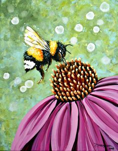 a painting of a bee on top of a purple flower with bubbles in the background