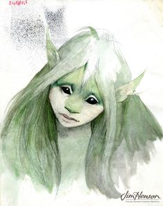 a drawing of a woman with green hair and white skin, wearing an elf costume