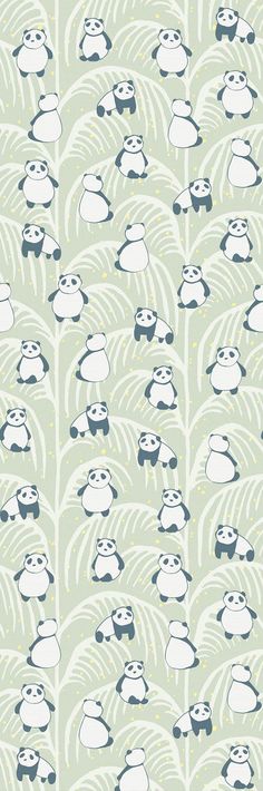 a pattern with pandas and palm trees on the side, in shades of green