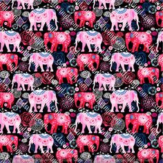 an elephant pattern with pink and blue colors on black background, it is very colorful