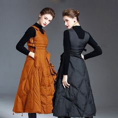 High Waisted Vintage Skirt, Puffer Dress, Puffer Skirt, Women's Winter Coats, Vest Skirt, Mode Tips, Puffer Coats, Sleeveless Coat, Long Vest