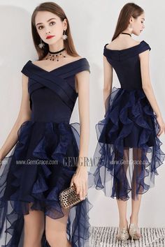 Navy Blue High Low Puffy Party Dress With Ruffles Navy Party Dress With Ruffles, Navy Ruffled Dress For Party, Blue Ruffled Dress For Party Season, Homecoming Dresses Navy Blue, Homecoming Dresses Navy, Navy Blue Homecoming Dresses, Blue Short Dresses, Semi Formal Dresses Long, Homecoming Dresses Under 100