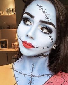 Sally Halloween Costume Diy, Sally Makeup Nightmare Before Christmas Make Up, Sally Easy Makeup, Sally Kids Makeup, Jack And Sally Face Paint, Nbc Sally Makeup, Sally Make Up Nightmare Before Christmas, Jack The Pumpkin King Makeup, Sally Diy Costume Women