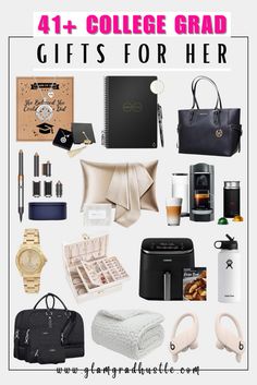 a collage of gifts for her with the words college grad gifts for her