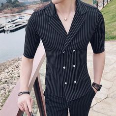 Men's Summer Double-Breasted Suit With Stripes | ZORKET – zorket Fitted Business Sets For Summer, Tailored Casual Summer Sets, Black Summer Formal Set, Classic Fitted Short Sleeve Sets, Formal Summer Sets With Short Sleeves, Mens Shorts Summer, Fashion Suits For Men, England Fashion, Casual Summer Shorts