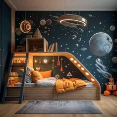 a child's bedroom with space themed wallpaper