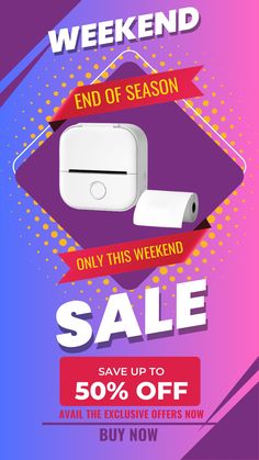 an advertisement for the weekend sale is shown in purple and pink colors with white lettering