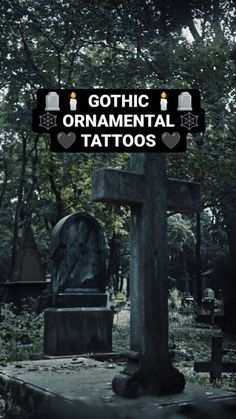 gothic ornament tattoo sign in cemetery with tombstones and headstones behind it