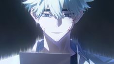 an anime character with white hair and blue eyes looking at something in front of him