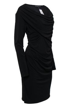 Go for a dramatic, glamorous look with this draped dress from Josie Natori! Made with a cowl neckline with plenty of elegant style, this is the perfect piece to wear with patent pumps and your best red lipstick. Get a bit Old Hollywood with this LBD! Size S 96% Polyester, 4% Elastane Sheath silhouette Large cowl neckline Draped design Long sleeve Material provides stretch Waist 25" Bust 30" Total length 42" Chic Formal Cowl Neck Dress, Chic Formal Dress With Cowl Neck, Chic Cowl Neck Formal Dress, Black Cowl Neck Dress For Date Night, Elegant Party Dress With Cowl Neck, Elegant Cowl Neck Party Dress, Black Dress With Draped Sleeves And Asymmetrical Neckline, Stretch Draped Mini Dress For Evening, Elegant Cowl Neck Evening Dress