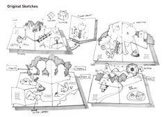 four different drawings showing how to make an origami scene with animals and trees