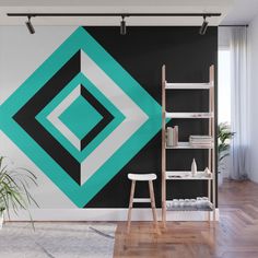 Teal, Black, and White Geometric Shapes - Peel and Stick Removable Wallpaper Full Size Wall Mural  - PIPAFINEART Geometric Wall Paint Patterns Lowe's, Geometric Accent Wall, Geometric Wall Paint, Wall Paint Patterns, Photography Landscape Nature, Room Wall Painting, Bedroom Wall Designs, Bedroom Murals, Paint Wall