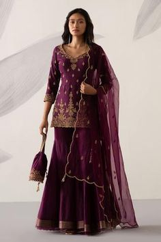 Shop for Sureena Chowdhri Purple Silk Chanderi Zardozi Work Kurta Gharara Set for Women Online at Aza Fashions Georgette Salwar Suit, Georgette Palazzo, Georgette Sharara, Embroidered Sharara, Indian Salwar Suit, Suit Type, Georgette Dupatta, Purple Suits, Palazzo Suit