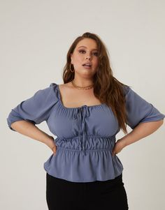 Fun colors, ruching, and a flattering silhouette? Count us in! The Curve Square Neck Gathered Top is a standout new top that's super easy to pair. This top features flowy sleeves with elastic at the ends and an elastic, square neckline with a tie at the center. It also has a ruched waistline, a flowy bottom hem, and is made out of a chiffon material. This top is made from 100% polyester. Hand wash cold. Imported. Model is wearing a size 2XL. Casual Tops With Gathered Waist And Short Sleeves, Flowy Casual Ruched Top, Casual Flowy Ruched Tops, Gathered Top, Flowy Sleeves, Chiffon Material, New Top, Square Necklines, Plus Size Tops