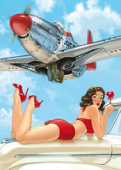 a painting of a woman laying on the hood of a car next to an airplane