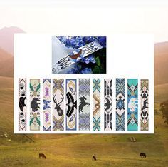 a collage of different designs and colors on the side of a wall with mountains in the background