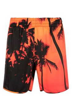 orange palm tree print elasticated waistband straight leg curved hem Be mindful to try on swimwear over your own garments. Sea Clothing, Sea Clothes, Trench Dress, Palm Tree Print, Cape Coat, Printed Swim, Be Mindful, Tree Print, Cool Socks