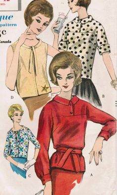 two women's blouses, one in red and the other in white with polka dots