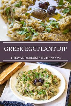 greek eggplant dip with olives and parsley in a bowl on a plate