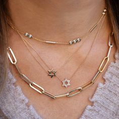 14K Gold Star of David Chain Necklace 14K Yellow Gold Star: 0.25" Diameter 16" Long Sapphire Heart Necklace, Feather Cuff Bracelet, Star Of David Necklace, Blue Pendant Necklace, Diamond Chain Necklace, Diamond Bar Necklace, Diamond Huggie Earrings, Toggle Necklace, Pearl And Diamond Earrings