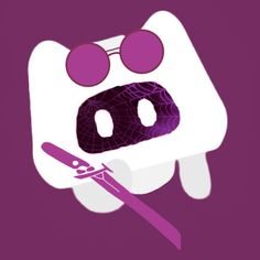 a purple and white animal with sunglasses on it's face holding a fork in its mouth