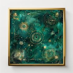 an abstract painting with stars, planets and other things in gold framed on a white wall