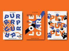 three posters with different designs on an orange background