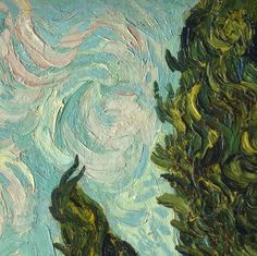 an abstract painting of two trees with swirly clouds in the background