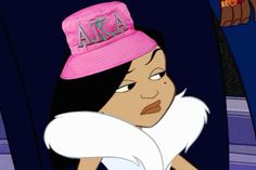 an animated character wearing a pink hat with the word aria on it's side