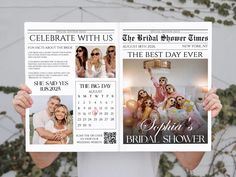 a man holding up a calendar with photos on it and the date for his wedding