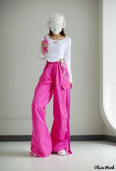 Olivia Mark - Stylish Pink Belted Utility Trousers with Personality - Wide Leg and Cinched Ankle Design Trendy Pink Cargo Pants For Spring, Pink Wide Leg Cargo Pants For Summer, Utility Trousers, Style Overalls, High Waisted Wide Leg Pants, Tie Waist Jumpsuit, Cloth Belt, Tapered Trousers, Ribbon Work