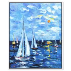 sailboats in the ocean with blue sky and clouds