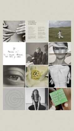 a collage of photos with words and pictures on them, including a woman's face