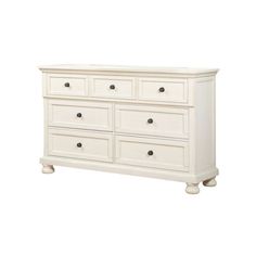 a white dresser with six drawers and two doors on the bottom drawer, in front of a