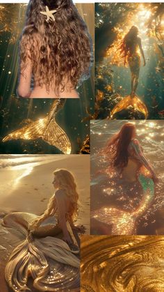 the mermaid is sitting in the water with her long hair