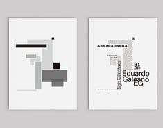 two posters with black and white text on them, one has an abstract design in the middle