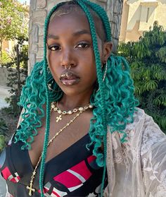 Dark Green Braids For Black Women, Green Braids With Curls, Protective Hairstyles Braids Color, Dyed Braids For Black Women, Box Braids Ideas Colored, Dark Green Braids, Pink And Green Braids, Green And Blonde Braids, Colored Twists