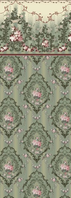 an ornate wallpaper with pink flowers and green stripes