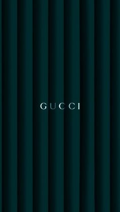 the word gucci is written in white on a dark green background with vertical lines