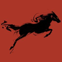 the silhouette of a horse is shown against a red background