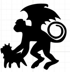 a black and white silhouette of a demon with its tail curled up in the shape of a circle