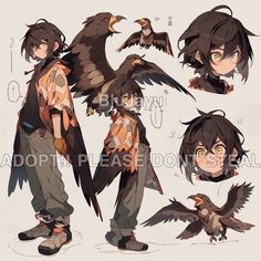 an anime character with different poses and expressions, including the bird's wing outstretched