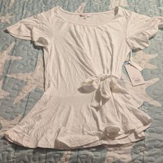 Nwt. White Ruffle Sleeve Shirt With Cute Accent Tie On Left Side With Ruffle At Bottom Of Shirt. Ruffled Shirt, Ruffle Shirt, Shirt Color, Ruffles, Sleeve Shirt, Colorful Shirts, Going Out, Tunic Tops, Color White