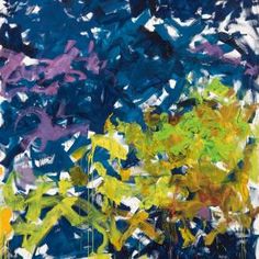 an abstract painting with blue, yellow and purple colors on it's surface is shown