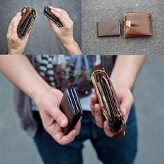 the man is holding two different types of wallets and one has a cell phone in his hand