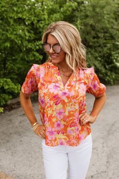 colorful pink orange summer top Office Top, Puffed Sleeves