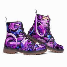 These extremely comfortable classic boots with a high quality print are made to last and to impress. Designed for fashion people, stylish and personalized. Perfect for everyday wearing and to show a unique sense of style.. - The Upper Made of PU leather (synthetic leather), the sole made of rubber.- Soft PU make it comfortable and soft. Size Chart Trendy Purple Ankle-high Boots, Trendy Purple Lace-up Boots, Trendy Purple Boots With Round Toe, Trendy Purple Round Toe Boots, Casual Purple Leather Boots, Funky High-top Leather Boots, Purple Lace-up Boots For Streetwear, Purple Round Toe Boots For Streetwear, Casual Purple Boots For Streetwear