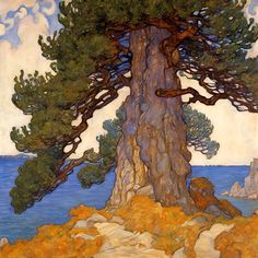 an image of a painting of a tree by the water